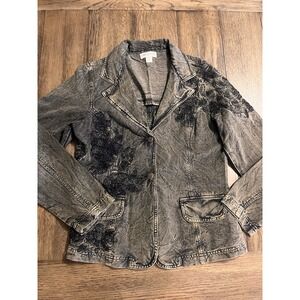 Coldwater Creek Grunge Floral Embroidered Denim Two Button Jacket Size 6